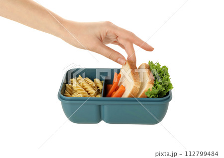 PNG,Blue lunch box with food, isolated on white background 112799484