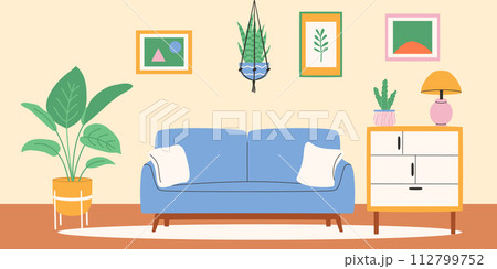 Interior of living room with sofa and macrame plant. Vector illustration. Interior of living room with sofa and macrame plant. Vector illustration. 112799752