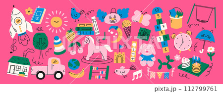 Colorful daycare doodle elements. Rocket, hopscotch, toys, horse, house, sun and other elements. 112799761
