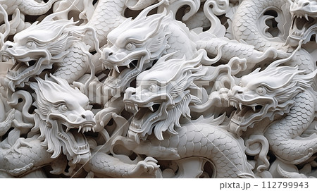 Several white dragon sculptures, portraying reverence and awe.AI Generated 112799943
