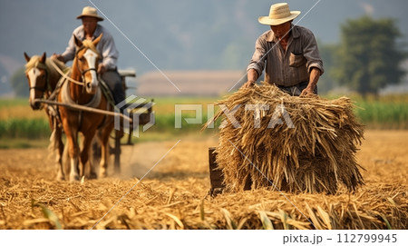 Farmers used horses to transport grass and crops.AI Generated 112799945