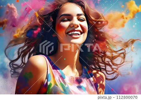 Colorful portrait young woman celebrating holi festival vibrant powder paint explosion. 112800070