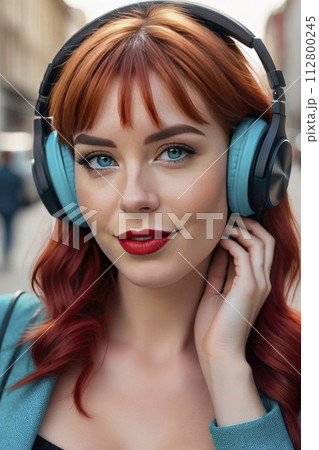 Closeup portrait young woman blue eyes red hair wearing wireless headphones on city ctreet experiencing music, facing the camera. Closeup portrait young woman blue eyes red hair wearing wireless headphones on city ctreet experiencing music, facing the camera. 112800245