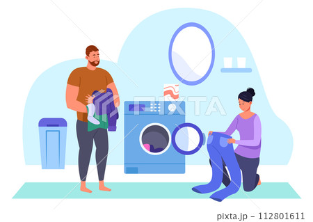 Couple doing laundry together. Man and woman washing clothes 112801611