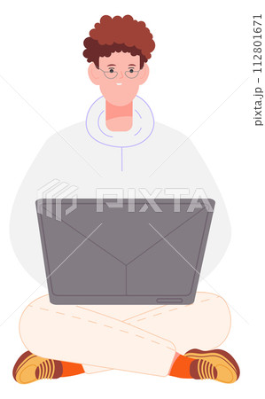 Man in lotus pose working on laptop. Freelancer with computer 112801671
