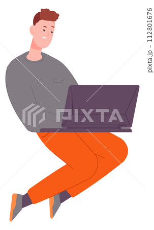 Man working on laptop. Smiling person on remote workplace 112801676