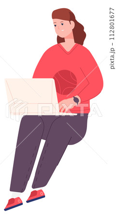 Woman working on laptop. Freelancer character. Blogging lifestyle 112801677