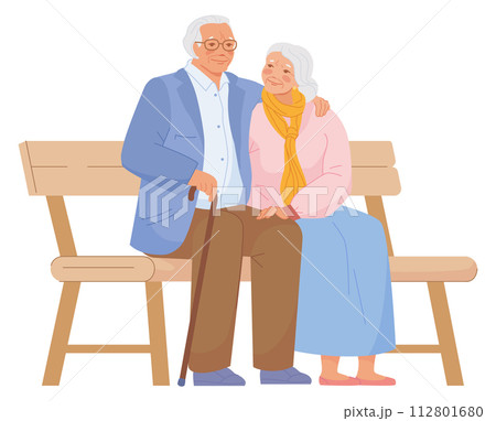 Happy old couple on bench. Senior man and woman embrace 112801680