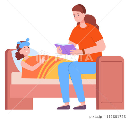 Mother reading book for kid in bedroom. Bedtime story Mother reading book for kid in bedroom. Bedtime story 112801728