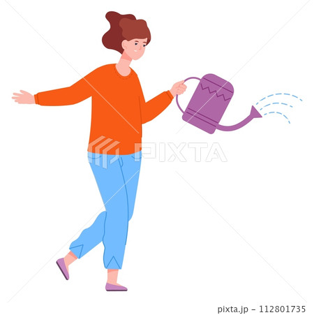 Young woman pouring water from can. Gardening person Young woman pouring water from can. Gardening person 112801735