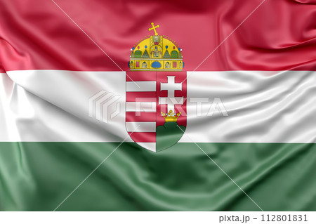 Ruffled Flag of Hungary with Coat of Arms. 3D Rendering 112801831