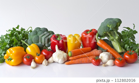 A vibrant array of fresh herbs and vegetables, forms a captivating display on the clear white surface. 112802016