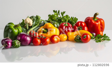 A vibrant array of fresh herbs and vegetables, forms a captivating display on the clear white surface. 112802036