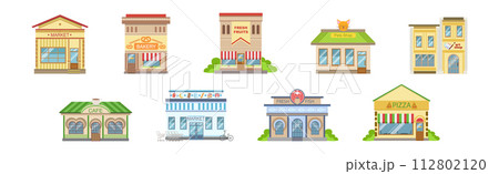 Shops Building Front and Exterior on City Street Vector Set Shops Building Front and Exterior on City Street Vector Set 112802120