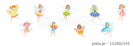 Cute Girl Fairy with Wings and in Pretty Dress Vector Set Cute Girl Fairy with Wings and in Pretty Dress Vector Set 112802143