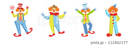 Circus Clown Character in Jester Costume with Nose Vector Set 112802177