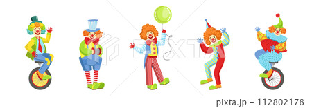 Circus Clown Character in Jester Costume with Nose Vector Set Circus Clown Character in Jester Costume with Nose Vector Set 112802178