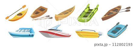 Boat and Marine Vessel with Paddle for Sailing Vector Set Boat and Marine Vessel with Paddle for Sailing Vector Set 112802193