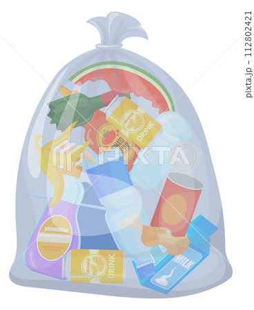 Trash in plastic transparent bag. Waste junk package 112802421