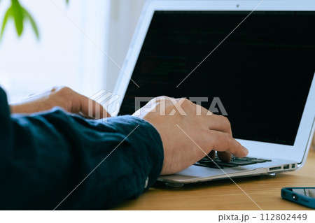 パソコンで作業をする男性の手元 112802449