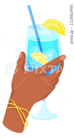 Fresh drink glass in human hand. Cold water with lemon 112802493
