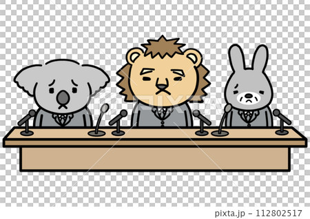 Three businessman-like animal characters holding a press conference with troubled expressions 112802517