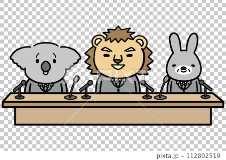 笑顔で記者会見をする3人のビジネスマン風の動物キャラクター 笑顔で記者会見をする3人のビジネスマン風の動物キャラクター 112802519