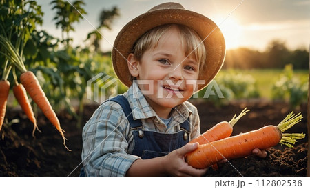 Happy little child farm boy on eco farm picking carrots. A small child on a farm on a beautiful sunny day. Boy outside in the garden. 112802538
