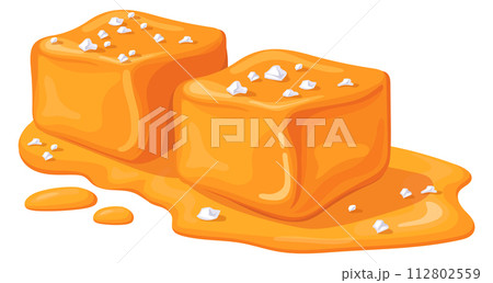 Salted caramel cubes. Toffee sweet cartoon candy 112802559