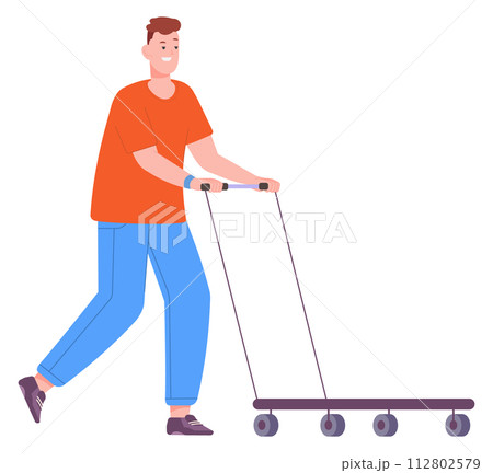 Man pushing cargo cart. Warehouse worker character Man pushing cargo cart. Warehouse worker character 112802579