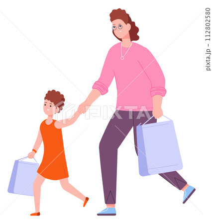 Mother and daughter shopping together. Happy women with paper bags 112802580