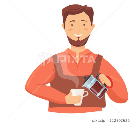 Man pouring coffee from french press. Hot drink 112802626