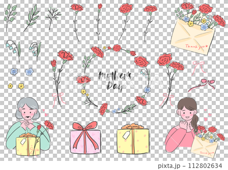 Mother's Day, carnations and mom with gifts and decorations, cute hand drawn illustration set Mother's Day, carnations and mom with gifts and decorations, cute hand drawn illustration set 112802634