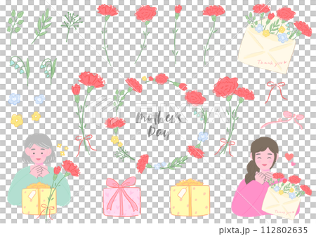 Mother's Day, carnations and mom with gifts and decorations, cute hand drawn illustration set Mother's Day, carnations and mom with gifts and decorations, cute hand drawn illustration set 112802635