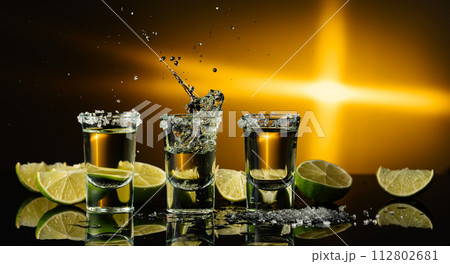 Tequila with sea salt and lime slices on a black background. Tequila with sea salt and lime slices on a black background. 112802681
