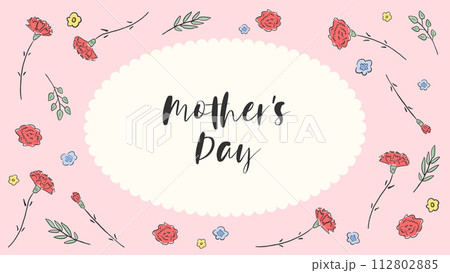 母の日をイメージしたカーネーションの背景フレーム、かわいい手描きイラスト 112802885