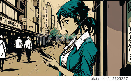 スマートフォンを見ながら街歩きをしている女性：歩きスマホの女性