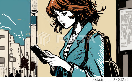 スマートフォンを見ながら街歩きをしている女性：歩きスマホの女性