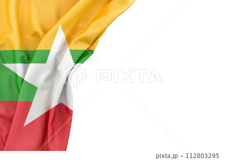 Flag of Myanmar in the corner on white background. 3D rendering. Isolated Flag of Myanmar in the corner on white background. 3D rendering. Isolated 112803295