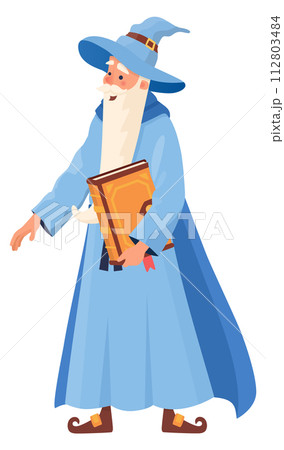 Magician with book. Fairytale character in blue hat Magician with book. Fairytale character in blue hat 112803484