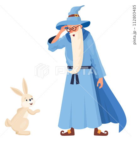 Wizard with rabbit. Fantasy magic character. Sorcerer mascot 112803485