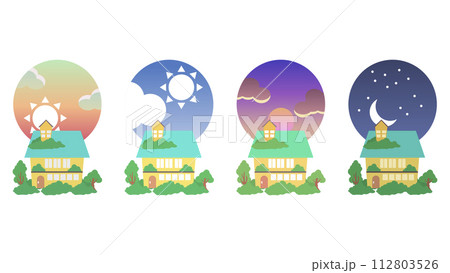 Morning, noon, evening, night view houses 112803526