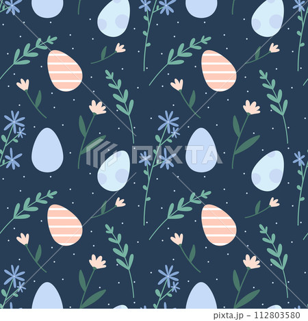 Easter delicate pattern with painted eggs and plant branches on a blue background 112803580