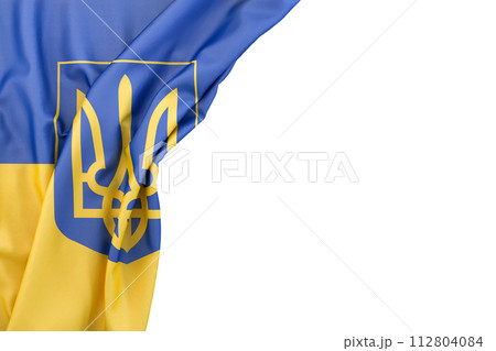 Flag of Ukraine with coat of arms in the corner on white background. 3D rendering. Isolated Flag of Ukraine with coat of arms in the corner on white background. 3D rendering. Isolated 112804084