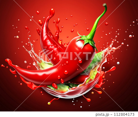 red pepper with splash on light background 112804173