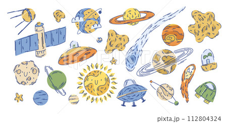 Large set of space illustrations with planets, stars and spaceships Large set of space illustrations with planets, stars and spaceships 112804324
