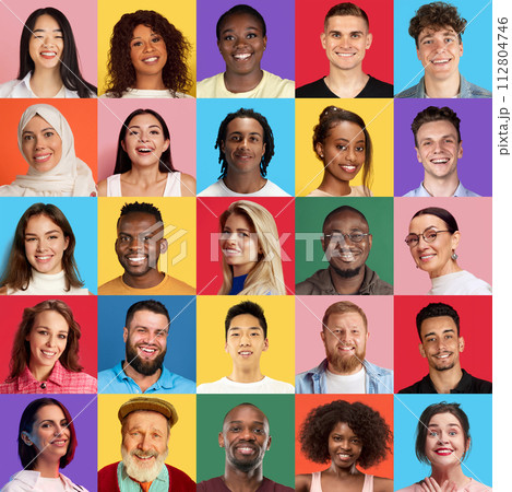 Collage made of portraits of positive people of different age, gender and nationality on multicolored background Collage made of portraits of positive people of different age, gender and nationality on multicolored background 112804746