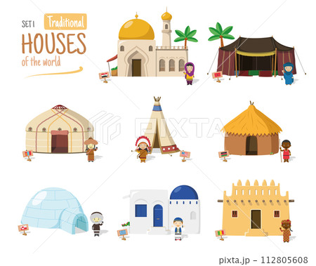 Vector illustration Set 1 of Traditional Houses of the World in cartoon style isolated on white background Vector illustration Set 1 of Traditional Houses of the World in cartoon style isolated on white background 112805608