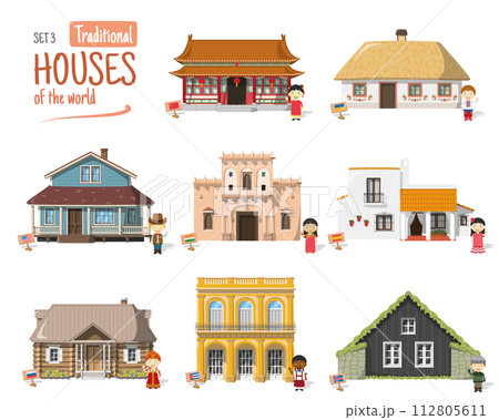 Vector illustration Set 3 of Traditional Houses of the World in cartoon style isolated on white background 112805611