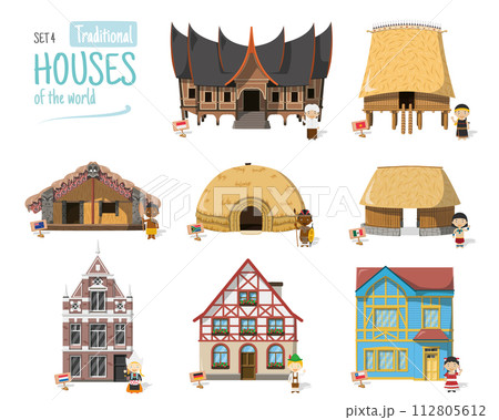 Vector illustration Set 4 of Traditional Houses of the World in cartoon style isolated on white background 112805612